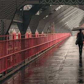 Frau mit Regenschirm auf der Williamsburg Bridge in New York von Nico Geerlings