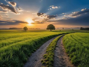Country road with grassland and setting sun Dutch landscape by The Photo Artist