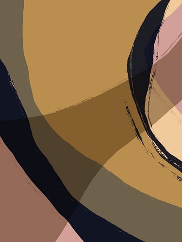 Abstracte vormen en lijnen in geel, zwart, roze.