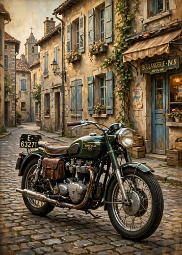 Vintage groene motorfiets op een Franse straat met kasseien en een bakkerij" (Groene klassieke motorfiets op een Franse straat met kasseien en een bakkerij)