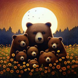 Sunrise Serenade: Whimsical Bears in Sunflower Field by Vincent Monozlay