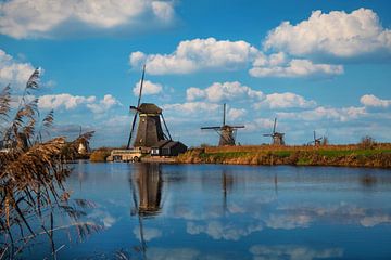 Mühlen von Kinderdijk an einem schönen sonnigen Tag mit weißen Wolken