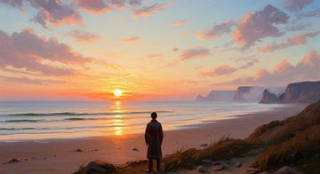 Persoon op strand met zonsondergang en kliffen van Markus Gann