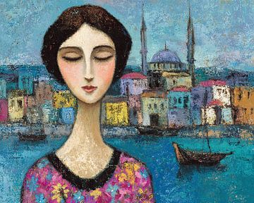 Istanbul schilderij | Dromerige Blik op de Bosporus van Abstract Schilderij