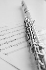 Transverse flute and sheet music, in black and white