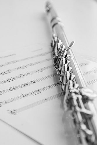 Transverse flute and sheet music, in black and white