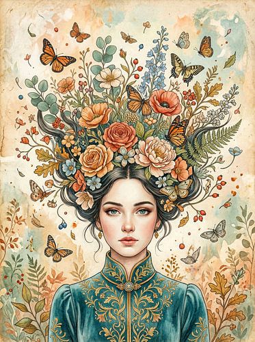 Verträumtes Porträt mit Blumen und Schmetterlingen