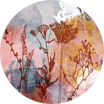 Bloemen en grassen abstract botanisch schilderij in roze, geel, blauw van Dina Dankers