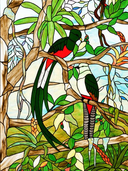 Stained-glass window with image of the Quetzal by Rini Kools
