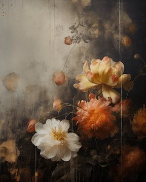 Bloemen tegen een abstracte achtergrond in wabi-sabi stijl van Carla Van Iersel
