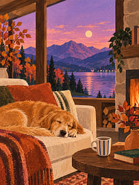 Hund am Kamin – Herbstabend mit Seeblick von Albert Klee