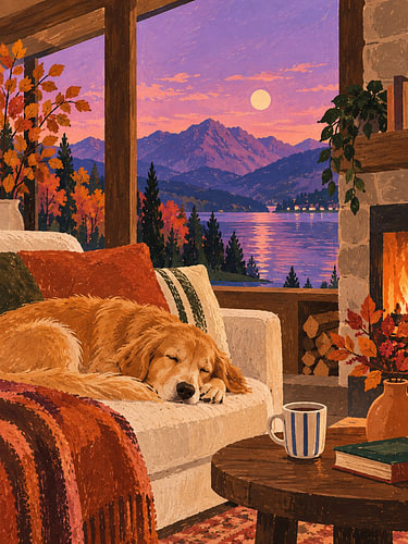 A dog by the fireplace – an autumn evening with a view of the lake