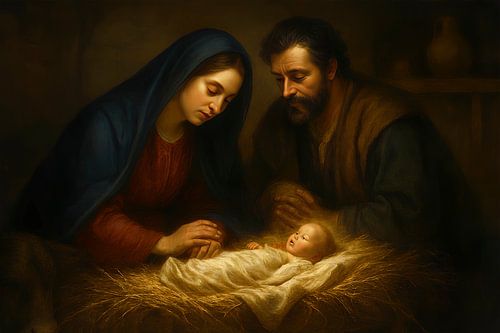 De Heilige Familie met het kindje Jezus, kerststal in olieverf