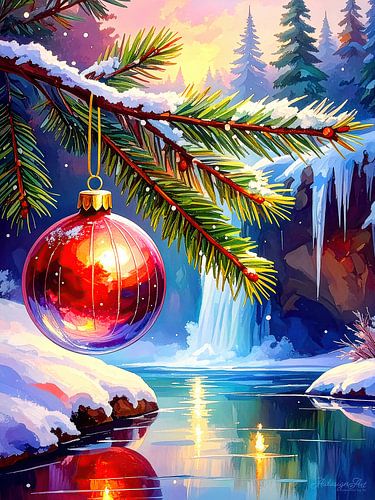 Kerstwintermagie: een besneeuwd dennenbos met een rode kerstbal in het avondlicht waar sneeuwvlokken zachtjes vallen en een gedeeltelijk bevroren waterval het samenspel van beweging en stilte verlevendigt