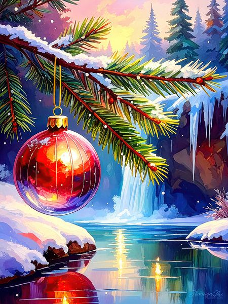 Christmas winter magic: a snow-covered fir forest with a red Christmas tree ball in the evening light where snowflakes fall softly and a partially frozen waterfall enlivens the interplay of movement and stillness by AidasignArt