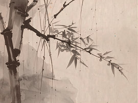 Zen-Kunst. Minimalistisches Stillleben mit Bambuszweig in neutralen Farbtönen