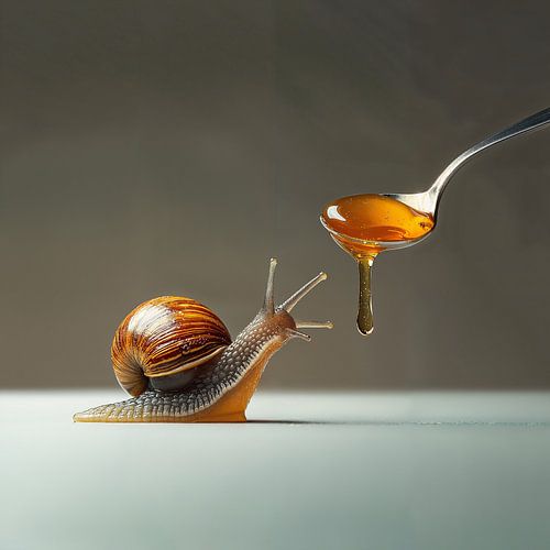 Süß wie Honig | Anziehungskraft. Surreale Interaktion zwischen einer zierlichen Schnecke und einem Löffel Honig.