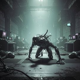 Cyborg krabbelt zwischen Trümmern im industriellen Kontrollraum von Markus Gann