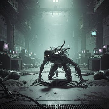 Un cyborg rampe parmi les débris d'une salle de contrôle industrielle
