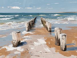 Holzpfähle am Nordseestrand von Lina van Oers