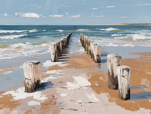 Wooden stakes on the North Sea beach