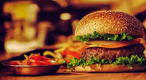 Fast Food Hamburger auf einem Tisch von Animaflora PicsStock