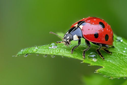 Lieveheersbeestje op een groen blad tegen een bokeh groene achtergrond
