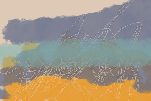 Paysage abstrait contemporain coloré en violet, jaune et bleu.