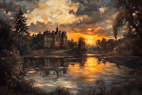 Castle by the lake in the golden sunset