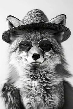 Stijlvolle vos met hoed en ronde bril in zwart en wit van Felix Brönnimann