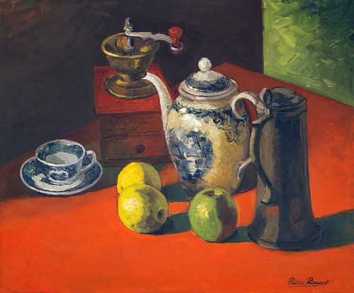 Nature morte avec moulin à café, cafetière, cruche et pommes