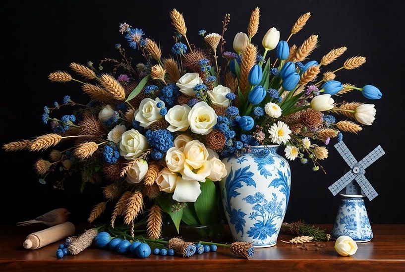 Delfter Blau Vase mit Frühlingsstrauß, Mill and Robin von Kleurenrijk