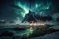 Northern lights and snow-capped mountains.