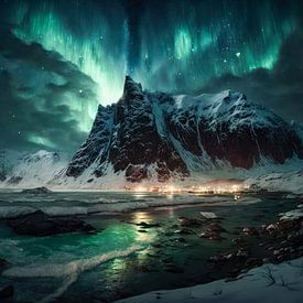 Noorderlicht en besneeuwde bergen. van AVC Photo Studio