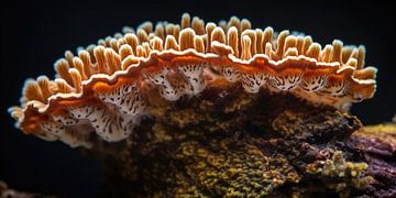 Oranje paddenstoelen golven op koraal canvas van Surreal Media