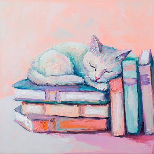Slapende kat op boeken