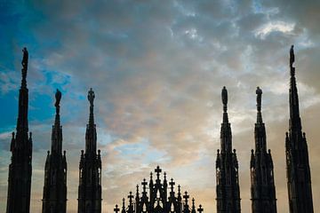 Milan Duomo Cathedral - Rooftop Sculpture Silhouettes At Sunset by Andreea Eva Herczegh