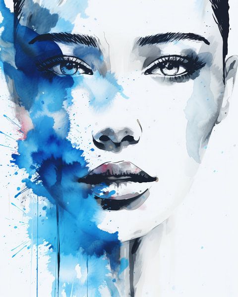 Modern portret in blauw, aquarel van Carla Van Iersel