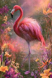 Flamant rose et fleurs tropicales