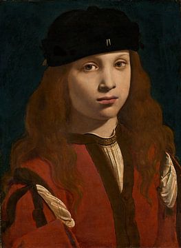 Portret van een jeugdige (ca. 1495-1498) door Giovanni Antonio Boltraffio.  In rood, zwart, goud van Dina Dankers