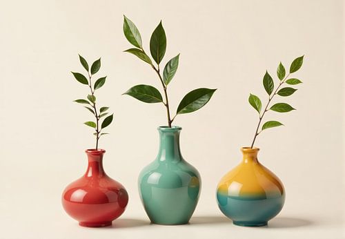 Three Vases with Branches on a Light Background