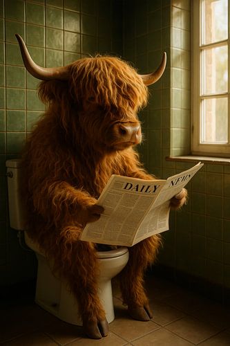 Schottischer Highlander in Ruhe - Lesen auf der Toilette