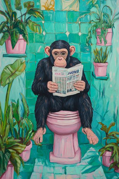 Un singe lit le journal dans la salle de bain par Poster Art Shop