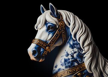 Delftsblauw paard met witte manen en goudkleurig hoofdstel met van John van den Heuvel