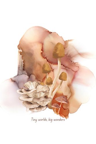 Impression numérique aquarelle avec champignons et texte "Tiny worlds, big wonders&quot ;