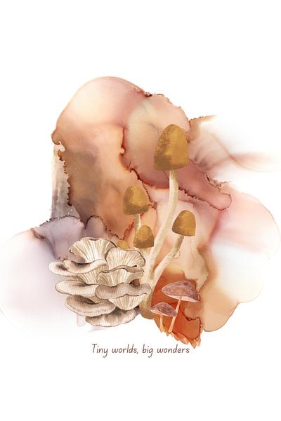 Digital print watercolour with mushrooms and text "Tiny worlds, big wonders" by Rozy art