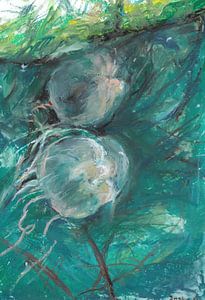 Quallen in der wundersamen Unterwasserwelt. Handgemalt mit Ölpastell.