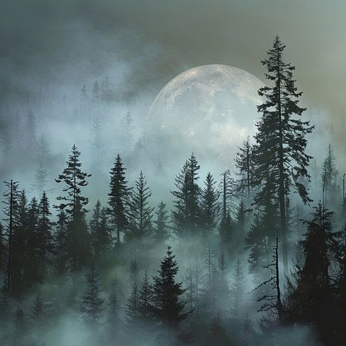 Nuages de brume au clair de lune - Forêt mystique
