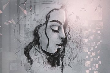 Houtskool portret grijs met roze