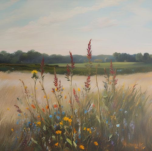 Wilde bloemen in een veld (olieverf)